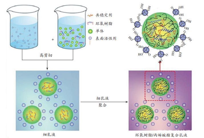 細(xì)乳液法制備環(huán)氧樹脂/丙烯酸酯復(fù)合乳液過程圖 細(xì)乳液法制備環(huán)氧樹脂/丙烯酸酯復(fù)合乳液過程圖